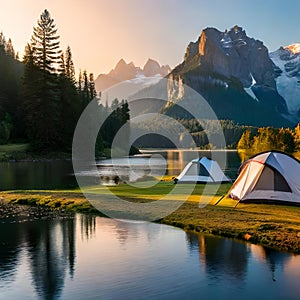 Panoramic view with camping tents in river, mountains and forest area concept in winter, summer and spring