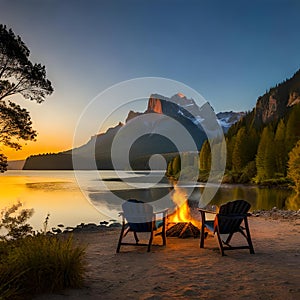 Panoramic view with camping tents in river, mountains and forest area concept in winter, summer and spring