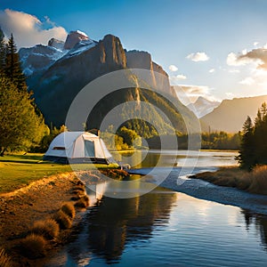 Panoramic view with camping tents in river, mountains and forest area concept in winter, summer and spring