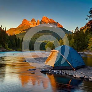 Panoramic view with camping tents in river, mountains and forest area concept in winter, summer and spring