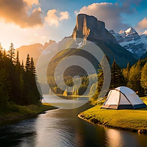 Panoramic view with camping tents in river, mountains and forest area concept in winter, summer and spring