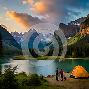 Panoramic view with camping tents in river, mountains and forest area concept in winter, summer and spring