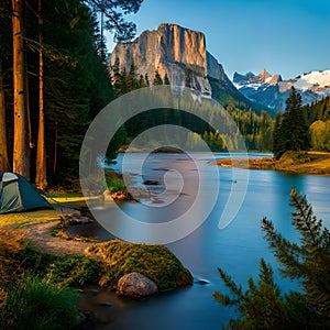 Panoramic view with camping tents in river, mountains and forest area concept in winter, summer and spring