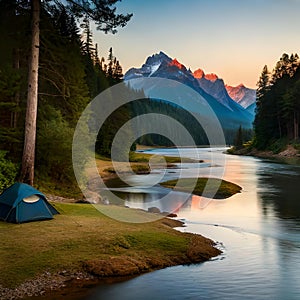 Panoramic view with camping tents in river, mountains and forest area concept in winter, summer and spring