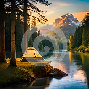 Panoramic view with camping tents in river, mountains and forest area concept in winter, summer and spring