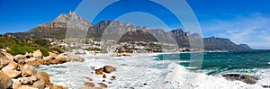 Panoramic view of Camps Bay Beach and Table Mountain in Cape Town South Africa
