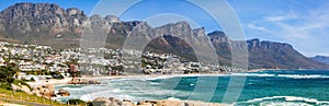 Panoramic view of Camps Bay Beach and Table Mountain in Cape Town South Africa