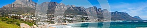 Panoramic view of Camps Bay Beach and Table Mountain in Cape Town South Africa