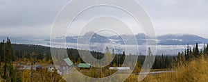 Panoramic view of the Canadian Rockies mountain peaks taken from