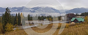 Panoramic view of the Canadian Rockies mountain peaks taken from