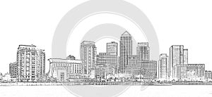 Panoramic view of Canary Wharf, the financial district of London, UK. Monochrome drawing effect