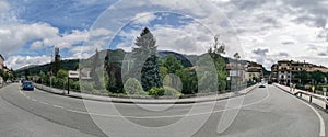 Panoramic view at the Cangas de OniÂ­s downtown city, an touristic city on the Picos de Europa, or Peaks of Europe, Cantabrian photo