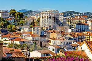 Panoramic view of Cannes city center with Carnot quarter seen from old town Castle Hill on French Riviera in France