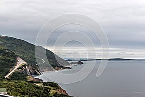 A panoramic view of the Cape Breton Island Coast line cliff scenic Cabot Trail route, Nova Scotia Hghlands Canada