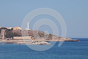 Panoramic view of the cape of Santa Maria di Leuca and its lighthouse in Puglia, Italy.