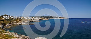 Panoramic view of the cape of Santa Maria di Leuca and its lighthouse in Puglia, Italy.