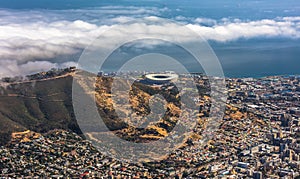 Panoramic view of Cape Town, Lion`s Head and Signal Hill from the top of Table Mountain