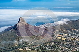 Panoramic view of Cape Town, Lion`s Head and Signal Hill from the top of Table Mountain