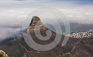 Panoramic view of Cape Town, Lion`s Head and Signal Hill from the top of Table Mountain