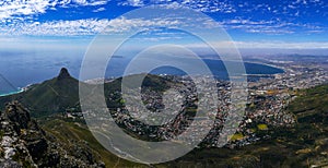 Panoramic view of Cape Town seen from main view point on Table Mountain