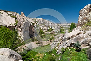 Panoramic view of Cappadocia stone chimneys with cut cave houses, Goreme national park, Turkey