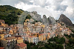 Panoramic view of Castelmezzano, tipical italian little village on appenini mountains, province of Potenza