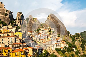 Panoramic view of Castelmezzano, tipical italian little village on appenini mountains, province of Potenza