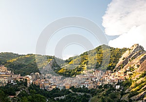 Panoramic view of Castelmezzano, tipical italian little village on appenini mountains, province of Potenza