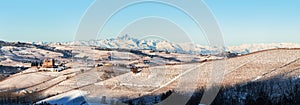 Panoramic view of Castle of Grinzane and mount Viso in northern