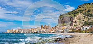 Panoramic view of Cefalu, town on Tyrrhenian coast of Sicily, Italy