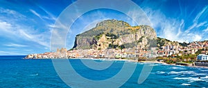 Panoramic view of Cefalu, Tyrrhenian coast of Sicily, Italy