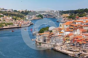 Panoramic view of the center of Porto as well as the Douro riverbank and the Ponte da Arrabida, Portugal