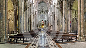 Panoramic view of the central nave of the Basilica del Voto nacional in Quito