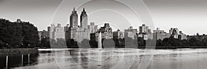 Panoramic view of Central Park and the Jacqueline Kennedy Onassis Reservoir at dawn B&W. Upper West Side, Manhattan, New York