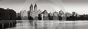 Panoramic view of Central Park and the Jacqueline Kennedy Onassis Reservoir at dawn B&W. Upper West Side, Manhattan, New York photo