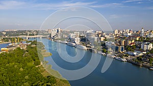 Panoramic view of the central part of Rostov-on-Don. , aerial view, the river Don, view of the city embankment, pleasure boats,