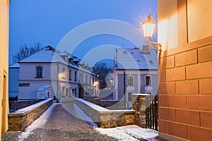 Panoramic view of Cesky Krumlov in winter season, Czech Republic. View of the snow-covered roofs. Travel and Holiday in Europe.