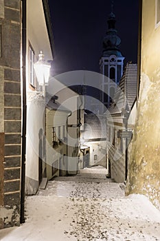 Panoramic view of Cesky Krumlov in winter season, Czech Republic. View of the snow-covered roofs. Travel and Holiday in Europe.