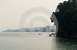 Panoramic view of Chakvi from the beach in Makhinjauri, Georgia.