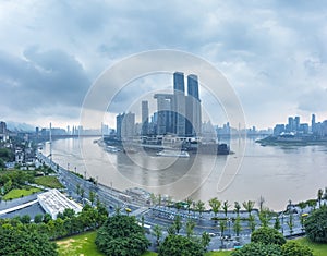 Panoramic view of Chaotianmen in Chongqing in cloudy photo