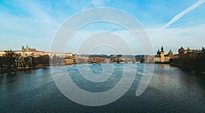 Panoramic view of Charles Bridge in Prague, the Czech Republic under a clear sky