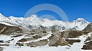 Panoramic view of the Cho-Oyu Mount on the background of blue sky