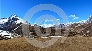 Panoramic view of the Cho-Oyu mountain and Machhermo village