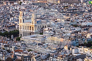 Panoramic view on Church of Saint-Sulpice from Montparnasse Tower, Paris. France