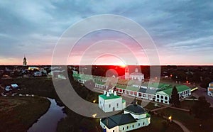 Panoramic view of churches in Suzdal, Russia at sunrise. Golden tour trip in Russia