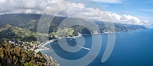 Panoramic view at Cinque Terre coastal area from Mesco Cape. Monterosso al Mare village is at left. Liguria region in Italy