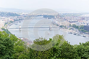 Panoramic view from The Citadel on Gellert Hill to Szechenyi Chain Bridge and Danube River, Budapest, Hungary