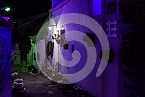 Panoramic view of the City of Alberobello with ancient traditional Italian Bluildings called Trulli at night