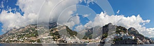 Panoramic view of city of Amalfi with coastline, Italy