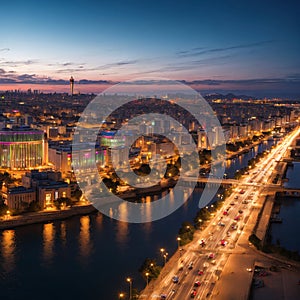 a panoramic view of the city of Baku and the image of the Flame Towers photograp...